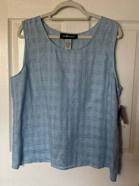 Sag Harbor Women's Blue Grid Textured Sleeveless Linen Blend Tank Top X-large